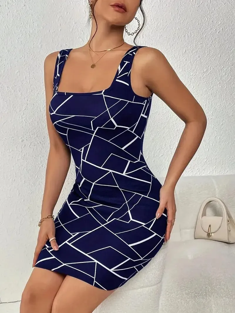 Gaun Mini Bodycon Gambar Cetak Geometris Abstrak Tali Spaghetti Leher Persegi Wanita Gaun Pendek Pesta Klub Slim Fit Tanpa Lengan — image 5