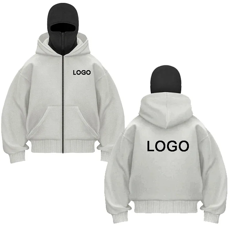 Desain DIY Hoodie Ritsleting Berkerudung Ganda Kaus Ritsleting Lengan Panjang Cetak Kustom Pria Jaket Pullover Masker Ninja Wanita — image 7