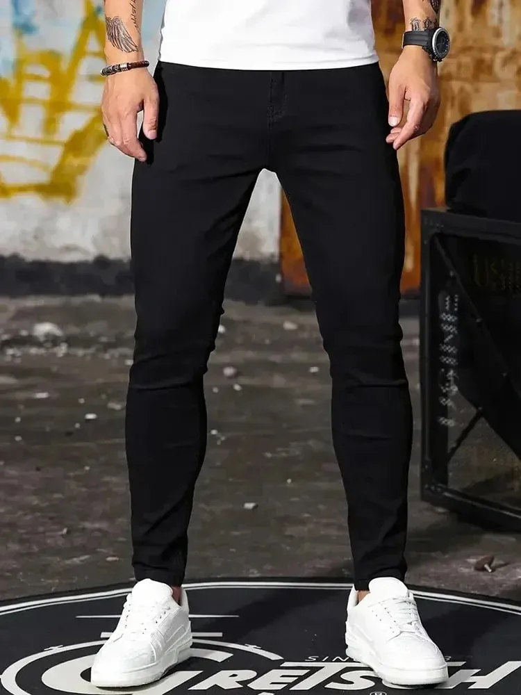กางเกงยีนส์ผู้ชายยืดกางเกงยีนส์กางเกงสีทึบสีดำสีฟ้าฤดูใบไม้ผลิ Luxury Street Harajuku Hip-Hop สไตล์ SLIM FIT กางเกงยี่ห้อ