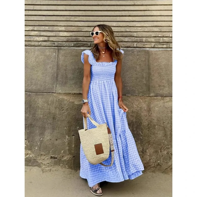 Elegante temperamento xadrez retalhos deslizamento boho vestido de verão plissado sem costas plissado cintura elástica balanço solto vestidos de festa — image 6