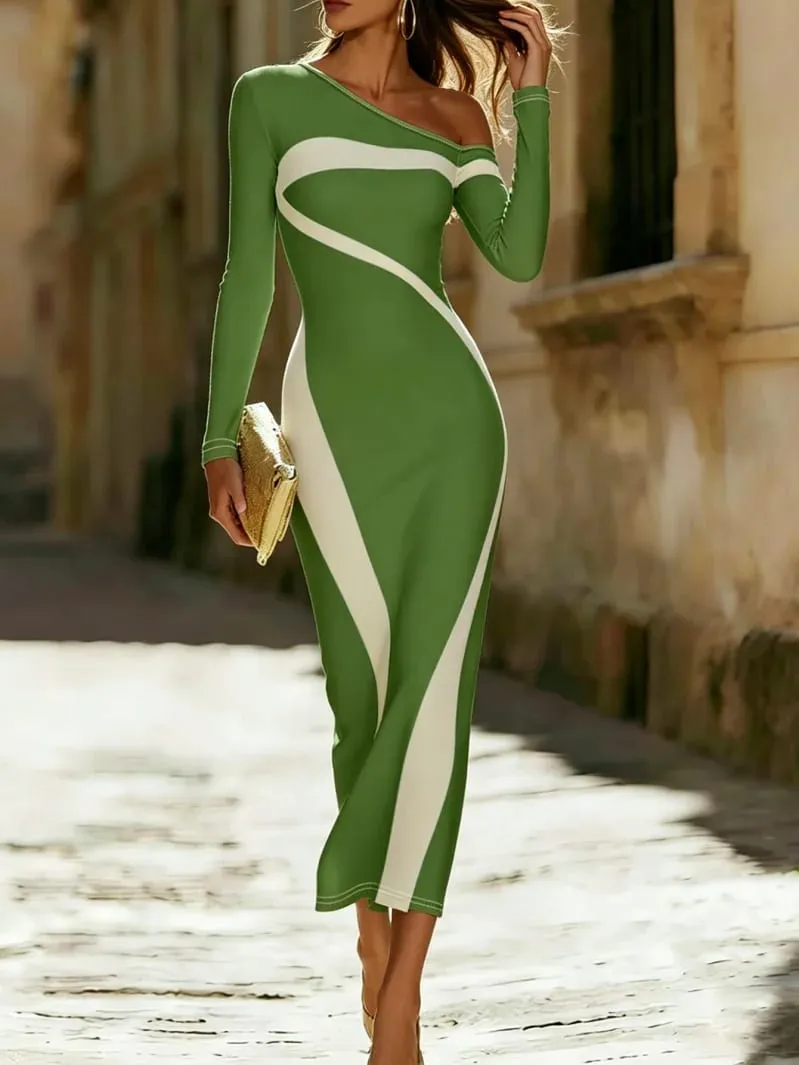 Slimming Irregular Design Shoulder Baring Waist Cinching Tight Fitting Hip Hugging Long Skirt for Women — image 3