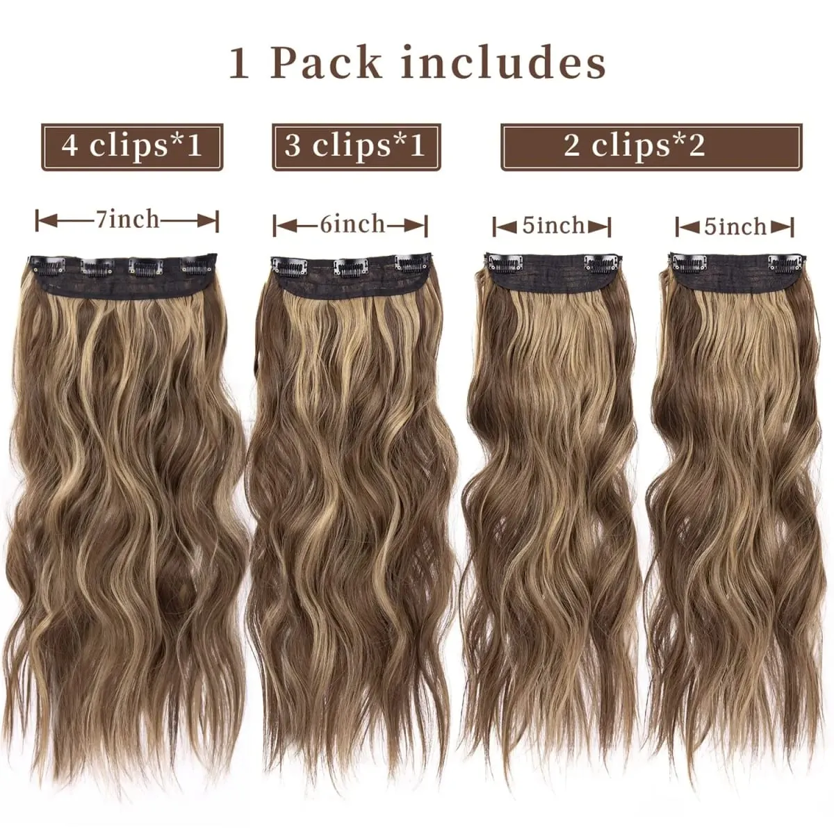 Leeons gewellte Clip-in-Haarverlängerungen, 4 Stück, natürliche, weiche, lange, gewellte Haarteile, dicke Doppelschuss-Clip-in-Haarverlängerungen für Frauen — image 3