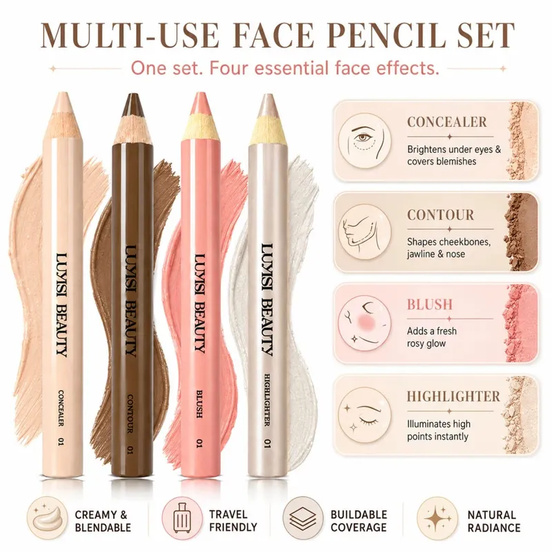 4 pièces/ensemble stylos de maquillage pour le visage correcteur + Contour + Blush + surligneur imperméable à l'eau couverture constructible velours mat et perle brillant-nourrissant.