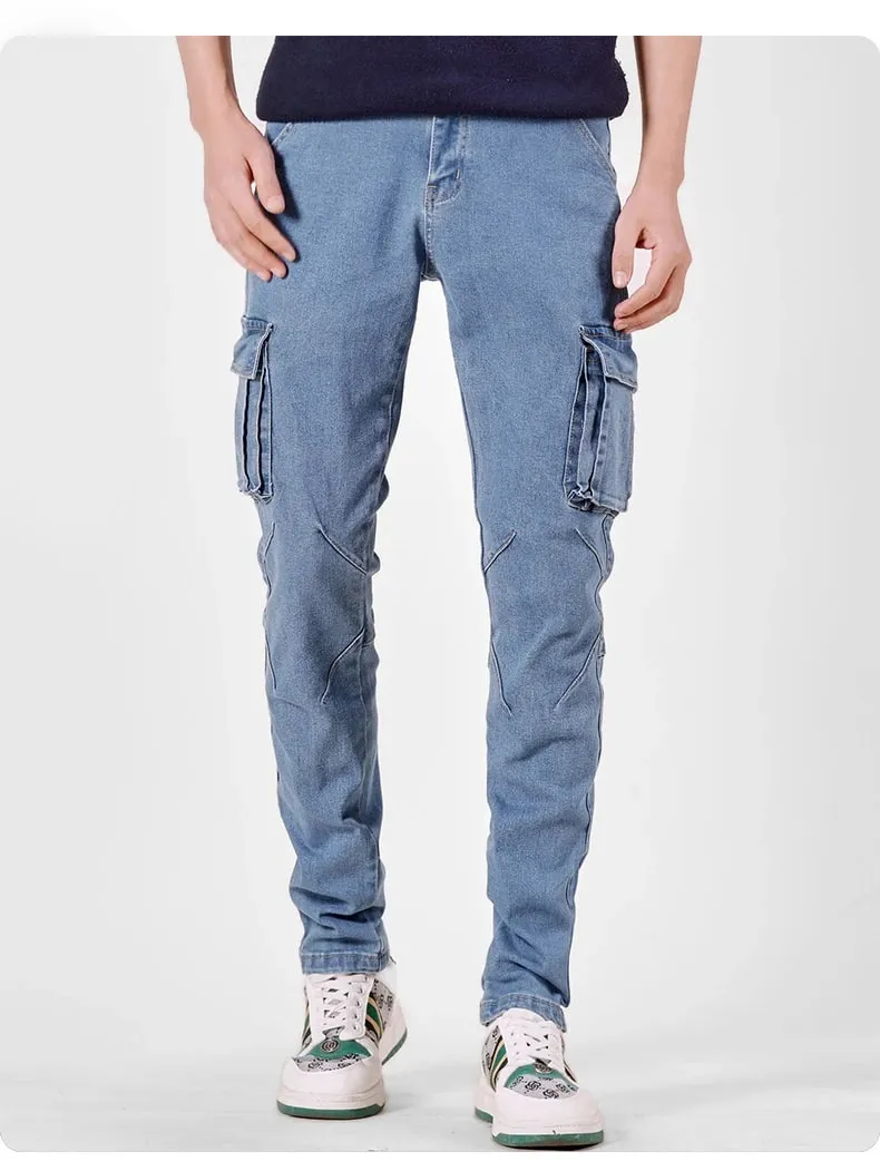 Pantalones Cargo de Mezclilla con Cintura elástica Estilo Callejero para Hombre, Vaqueros Informales de Corte Entallado y Lavado de Color sólido con múltiples Bolsillos para Uso Diario