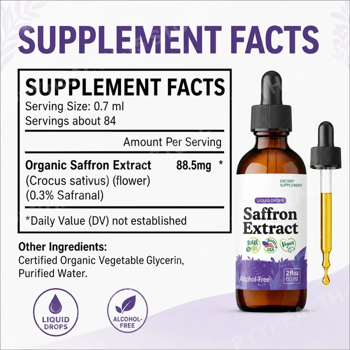 Saffranstillskott 88,5mg - Humörfokus och ögonstöd Saffransextrakt flytande droppar Blanda med te Vegansk alkoholfri 2 Oz — image 2