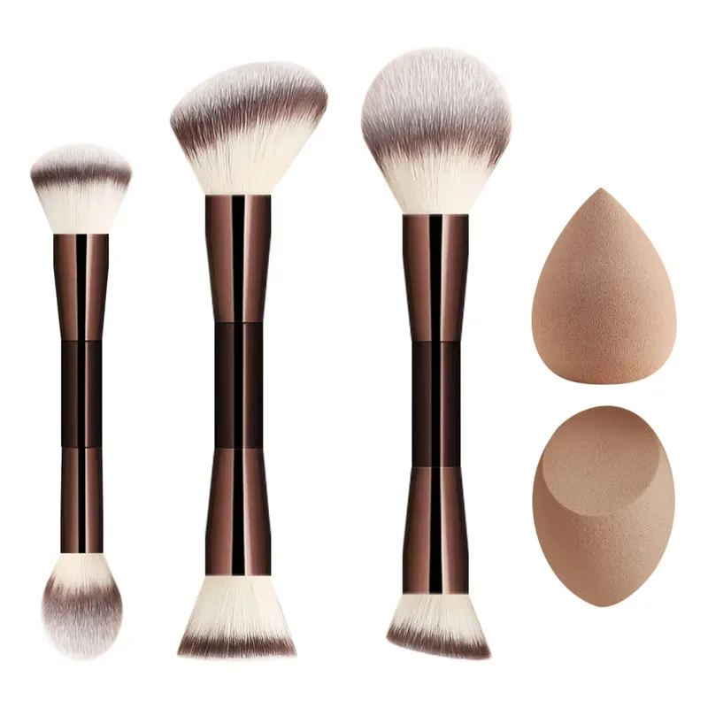 5 Buah Set Alat Rias 3 Kuas Ujung Ganda 2 Spons Kecantikan untuk Kit Kosmetik Wajah Kontur Foundation Blush