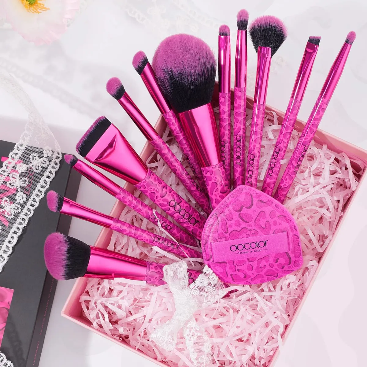 Docolor 12 stk Leopard Pink Face Makeup Brush Øjenskygge Utral Thin Foundation Brush Blush Powder Concealer Eyeliner Makeup Brush — image 6