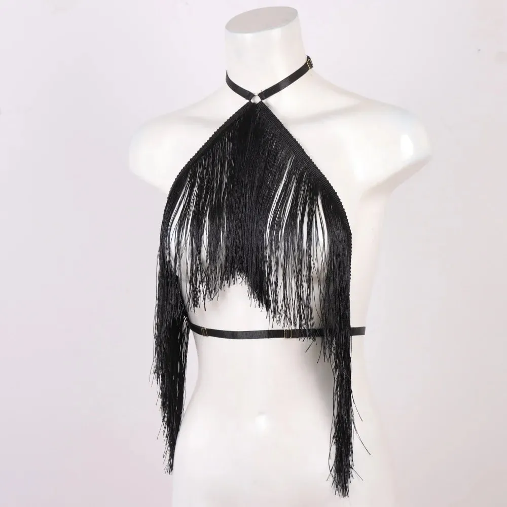 Haut à licou noir à pampilles pour femmes, harnais élastique réglable, vêtements toutes saisons, tenue décontractée, haut avec détails à pampilles — image 2