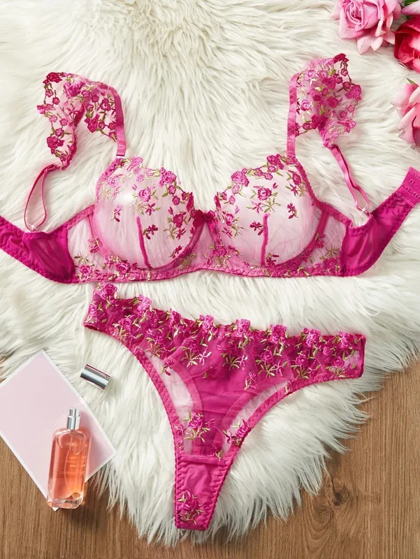 1 Set Romantic Rose Flower Embroidery Lingerie Set Ruffle Strap Sheer Mesh Bra Thong Set — image 5