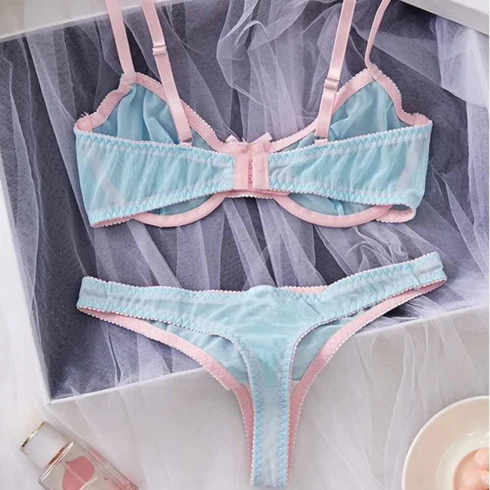 Conjunto de lencería Sexy de encaje ligero semitransparente con tiras finas y empalme de malla azul para mujer — image 3