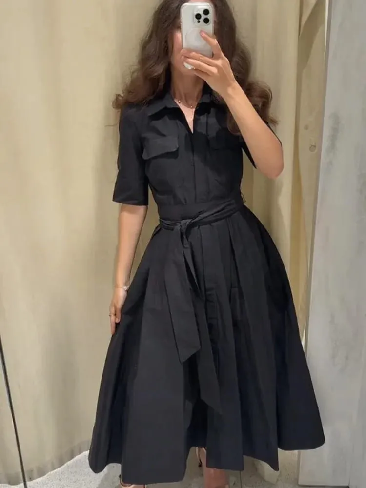 Chic sólido manga curta lapela vestido longo para mulheres elegante único breasted cintura maxi vestido senhora férias noite vestidos de festa — image 3