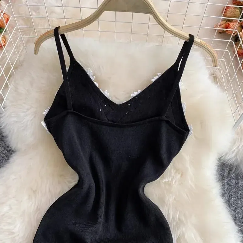 2024 Sexy Backless Spitze Patchwork Gestrickte Split Sommer Kleid Frauen Schwarz Mini Party Kleid Bodycon Mantel nacht Club Outfits