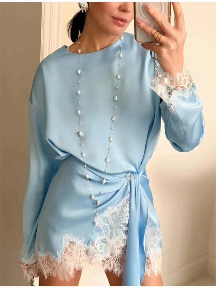 Frauen Elegante Spitze Patchwork Lace-up Kleid Solide Rundhals Volle Hülse Satin Lose Mini Kleider 2026 Frühling Party club Vestido — image 2