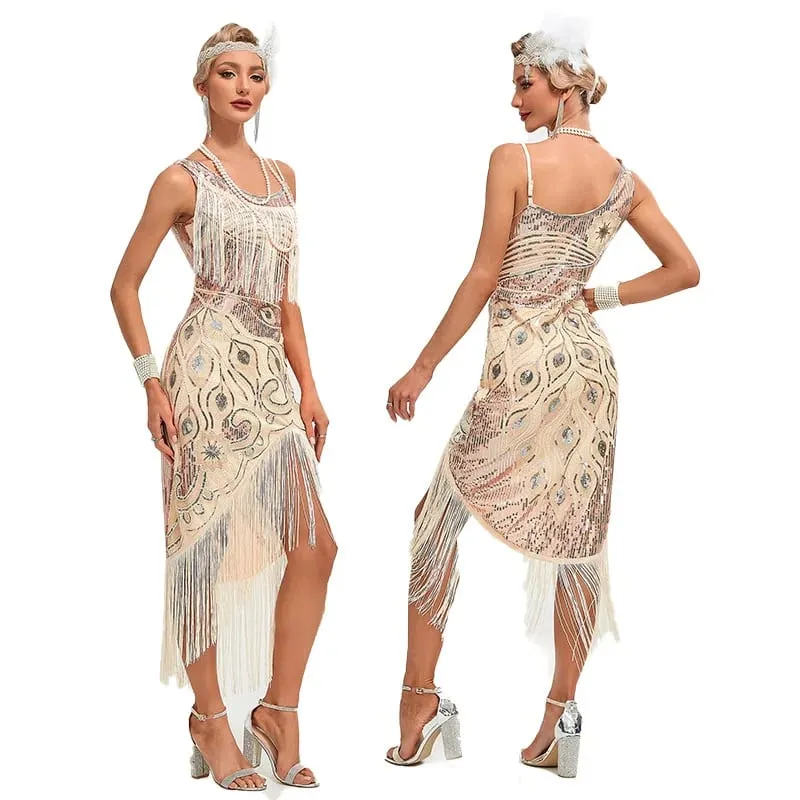 Sequin Dress 1920s Retro Tassel Peacock Pattern Dress Great Gatsby Cocktail Party Charleston Dance Dress Ball Long Evening Dress — image 4