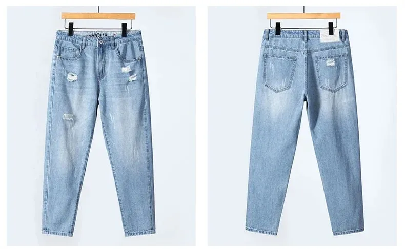 Seluar Jeans Koyak Nipis Musim Panas Lelaki Lurus Bernafas Denim Seluar Kasual Pakaian Jalanan Harlen Seluar Panjang Buku lali Biru Muda — image 10