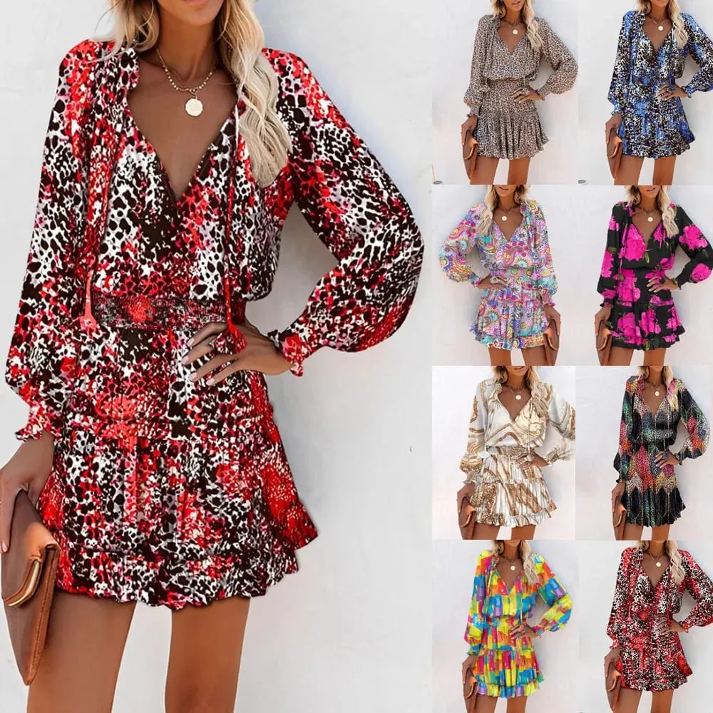 สีพิมพ์มินิเดรสผู้หญิงฤดูใบไม้ผลิฤดูร้อนแขนยาว V คอเอวยางยืด Ruffles ชุดแฟชั่นอินเทรนด์สุภาพสตรี Vestidos — image 6