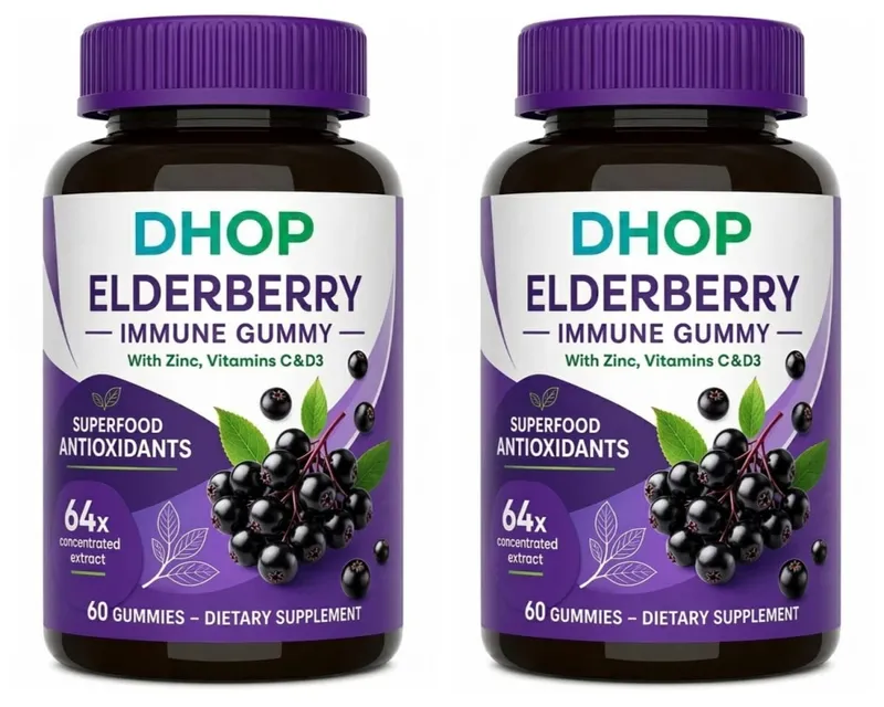 Schwarze Holunderbeer-Gummis, 60 Stück, zur Unterstützung des Immunsystems, Sambucus-Extrakt, Zink, Vitamin C, D3, für Erwachsene und Kinder, 2 Kapseln pro Tag — image 8