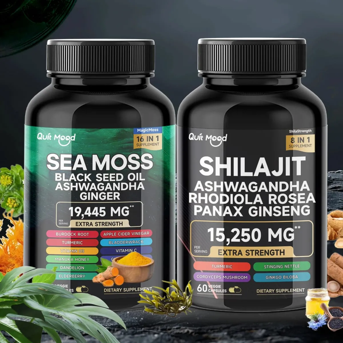 Bundle Sea Moss and Shilajit |High Potency Vitality Combo - Ashwagandha Turmeric Bladder Burdock 2000 Mg & Ginger Vitamin C — image 1