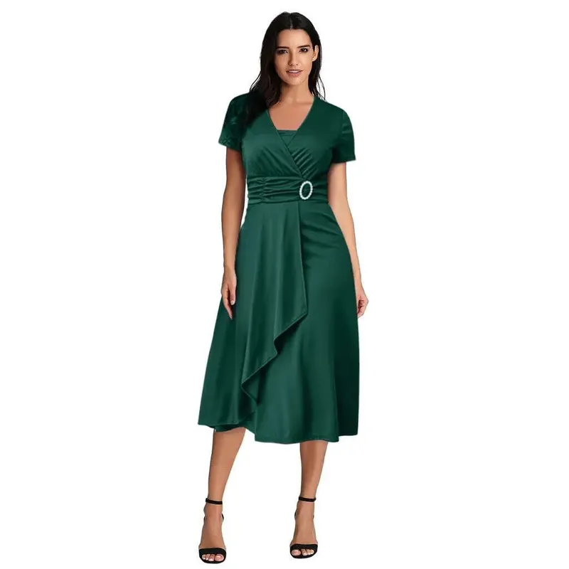 Donne eleganti tinta unita manica corta scollo a V orlo asimmetrico vita stretta midi vestito da partito abiti da sera da donna DF4916 — image 8