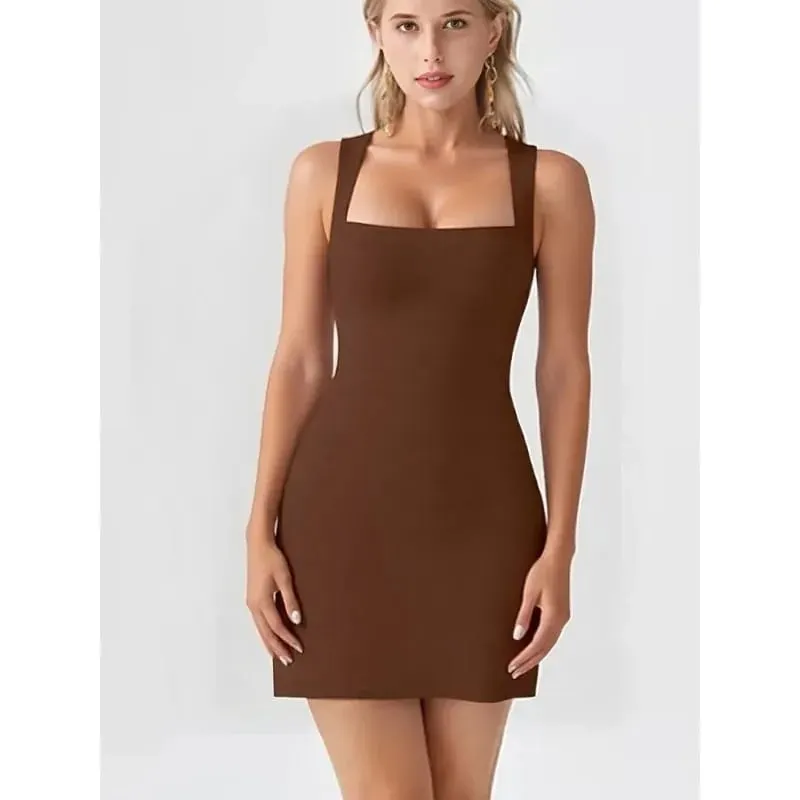 Robe courte sans manches, couleur unie, Simple, col carré, nouvelle mode, polyvalente, décontractée, Slim, basique, pour femmes, été — image 6