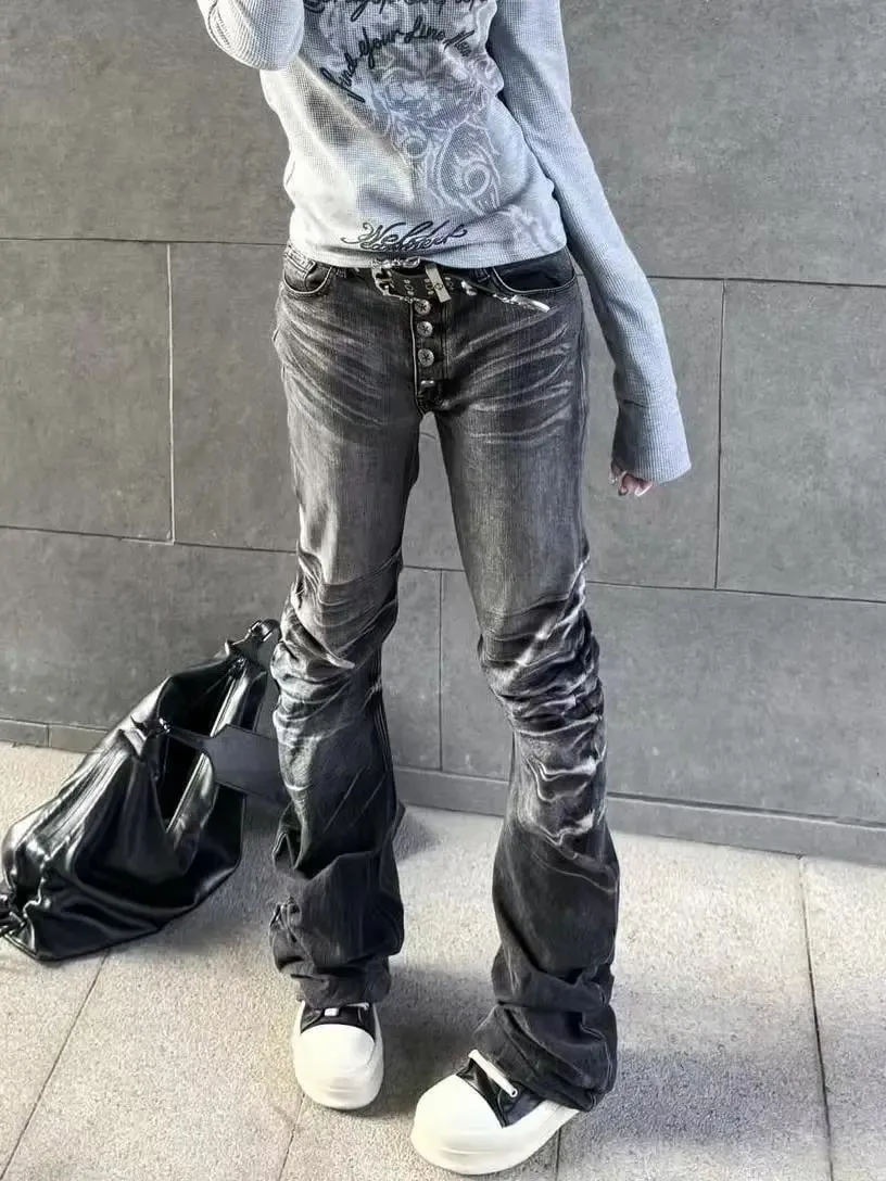 Jean évasé rétro américain Y2K pour femmes, pantalon en Denim blanc délavé, Patchwork, Vintage Hrajuku Punk, taille haute, Slim, Streetwear — image 6