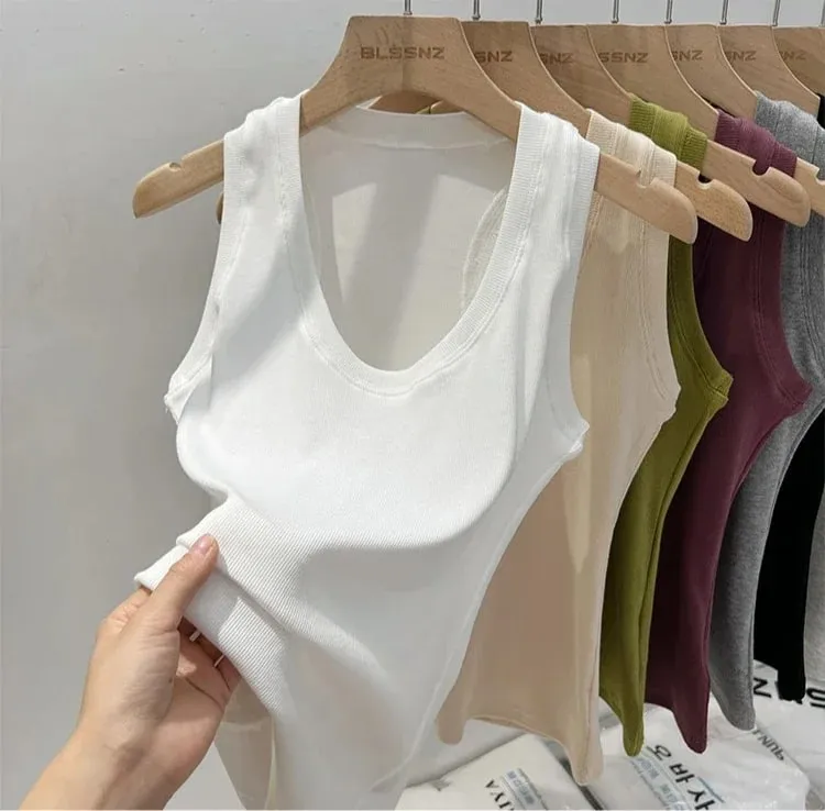 2026 Women Solid Low Round Neck Ribbed Camisole Summer Basic Elastic Tank Top Korean Style Versatile Slim Tanks & Camis — image 7