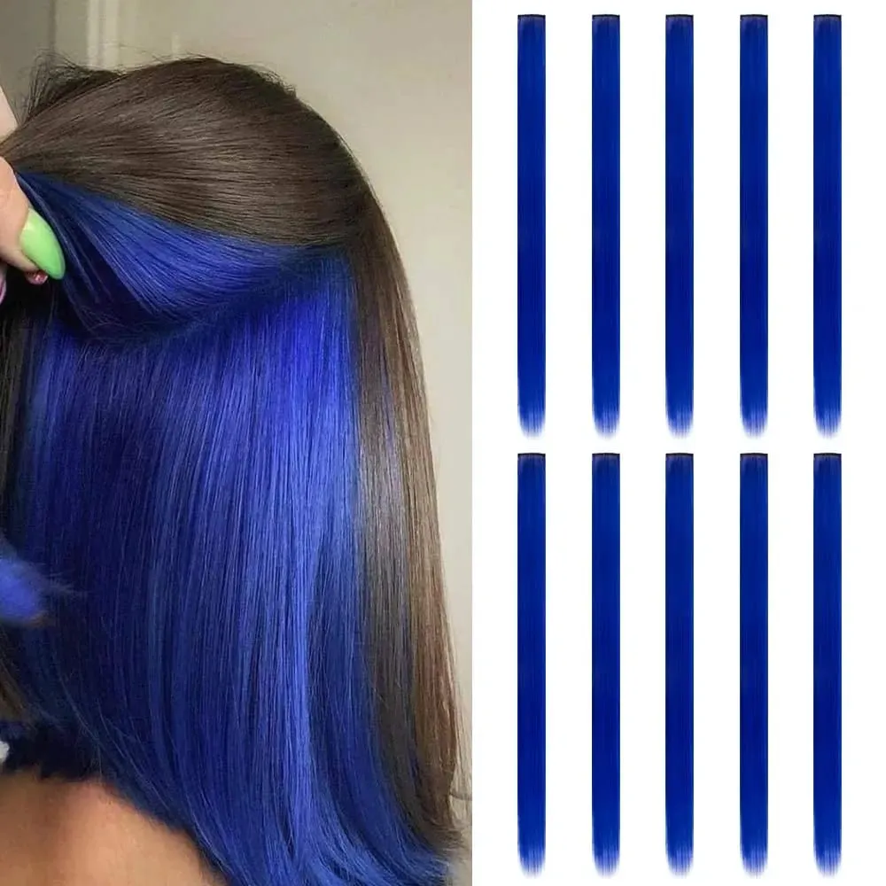Synthetic 10 PC Hair Extensions Red and Blue Clip in SOlldag Colored Party Highlights Straight Hairpiece for Kids Girls Women — image 9