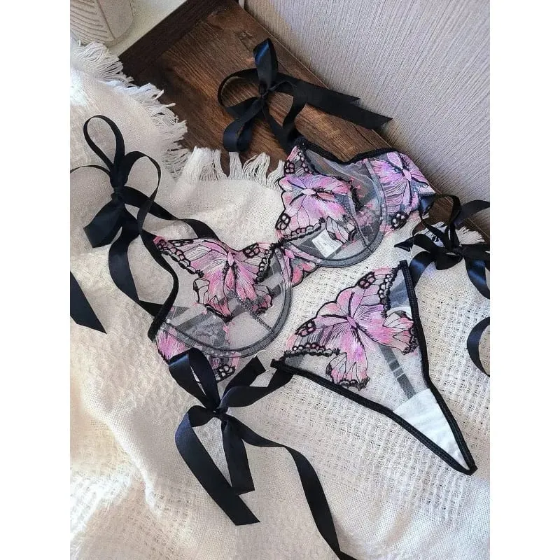 Reggente Pizzo Francese Farfalla Rete Trasparente Spalline Elastiche Senza Spugna 세트 Intimo S-XL Nuovo Morbido — image 2