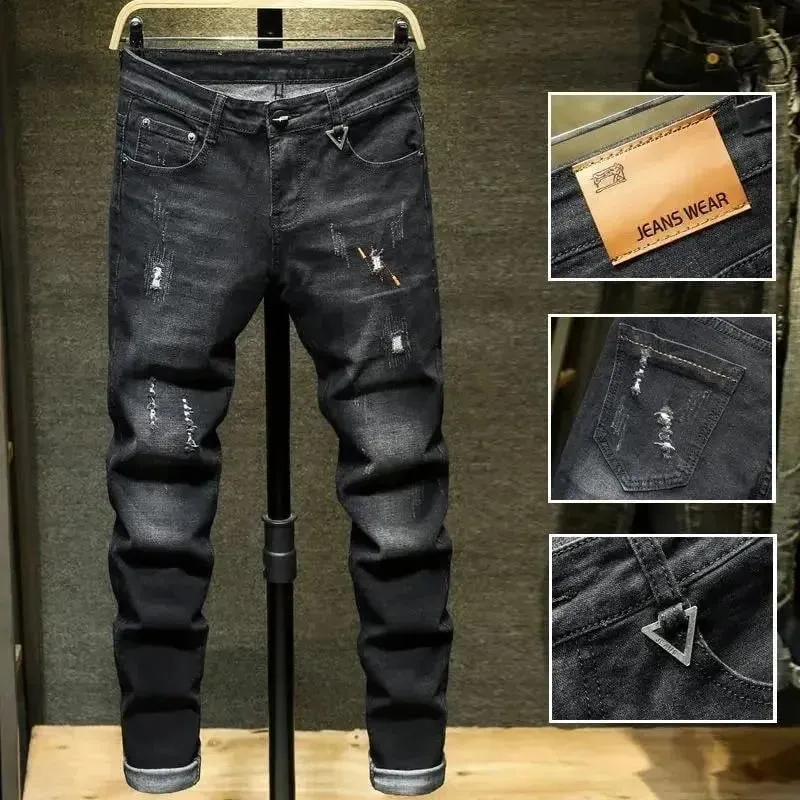 Xu Hướng Xuân Thu Màu Trơn Chân Thẳng Co Giãn Quần Jean Denim Nam Slim Fit Thoải Mái Thể Thao Quần Jean Cao Cấp — image 5