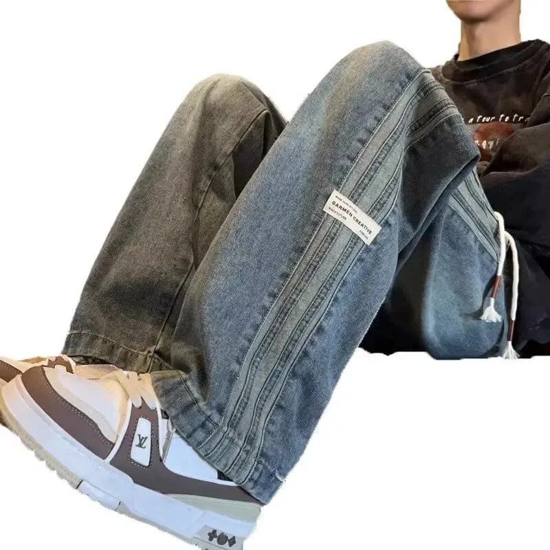 Seluar jeans retro Amerika tiga bar lelaki musim bunga dan musim luruh gaya baharu pinggang elastik jalan tinggi longgar kasual kaki lurus lelaki panjang — image 4
