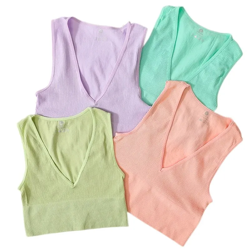 Damen-Crop-Top mit tiefem V-Ausschnitt, einfarbig, schmale Passform, Tank-Top, dehnbar, ärmellos, lässig, geripptes Strick-BH-Top, tief geschnittenes Leibchen, M-XL — image 7