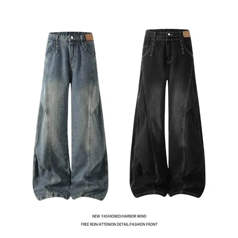Celana Jeans Panjang Kasual Longgar Desain Berlipat Sambungan Jahitan Kontras Jeans Pedang Kaki Lebar Gaya Amerika 2026 Pria untuk Pria — image 2
