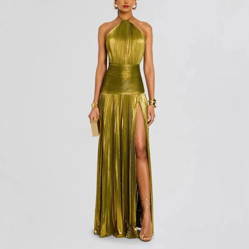 Gold Halter Neck Evening Dress Woman Chic Solid Color Pleated Backless Package Hip Slit Dress Fashion Trendy Lady Party Vestidos
