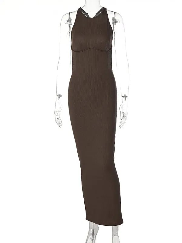 Hugcitar Ribbed Solid Hollow Out Tanpa Belakang Tanpa Lengan Seksi Celah Pakaian Mini Bodycon 2025 Musim Bunga Pakaian Wanita Pesta Elegan Y2K — image 7