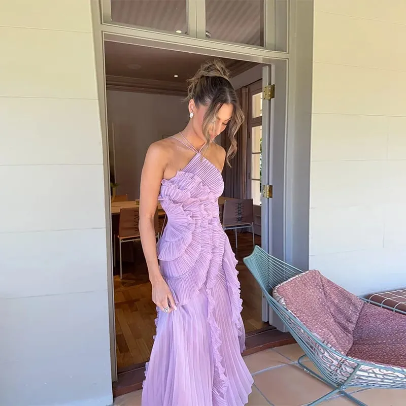 Elegantสายคล้องคอRufflesชุดราตรีของแข็งพับสายลูกไม้ขึ้นBacklessชุดพรรคเซ็กซี่ 2025 ใหม่ปาร์ตี้วันหยุดy2k Robe — image 2