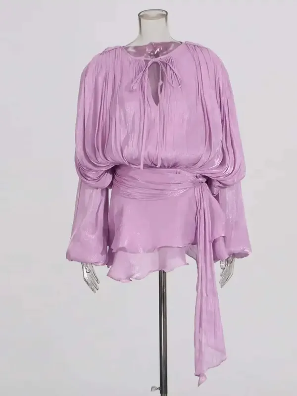 Solide Bluse Mini Kleider Für Frauen V-ausschnitt Langarm Verstärktes Spitze Up Süße Stil Kleid Weibliche Kleidung Mode — image 19