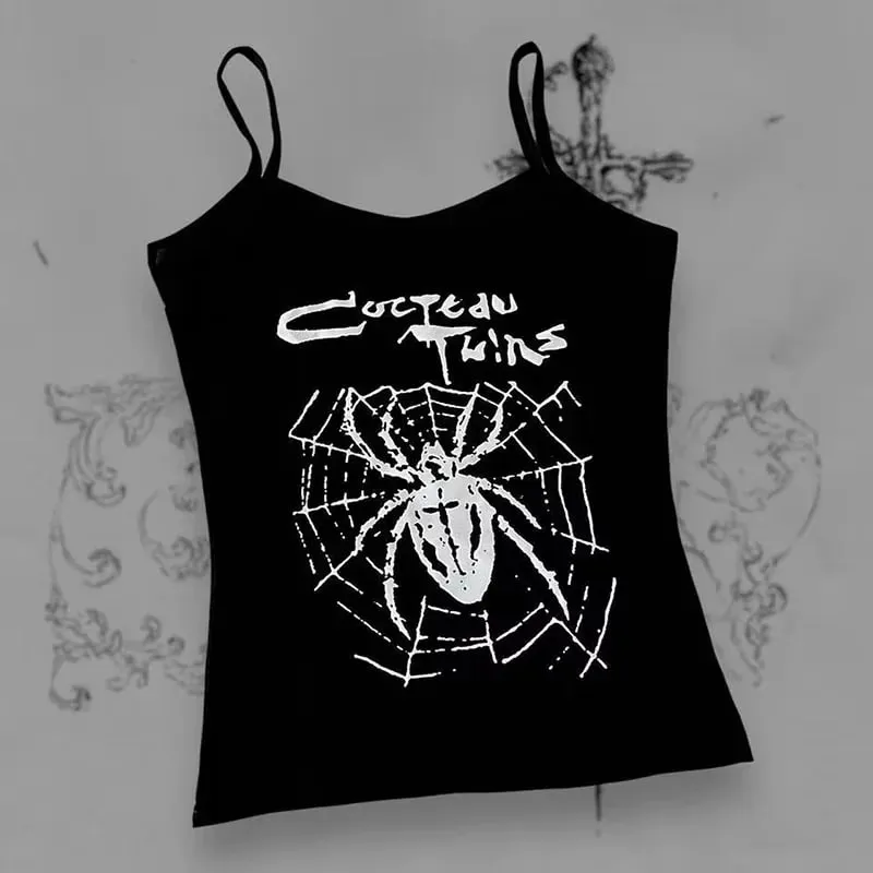 Women Gothic Spider Web Print Cami Tank Top Sleeveless Spaghetti Strap Y2K Slim Cropped Camisole Dark Punk Streetwear Tops — image 2