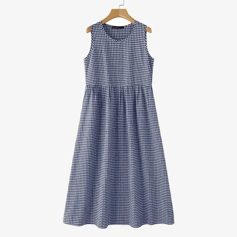 Abito estivo scozzese a quadri senza maniche Abiti da festa Bohemain Abito elegante da donna con scollo a O Abiti da lavoro larghi casual