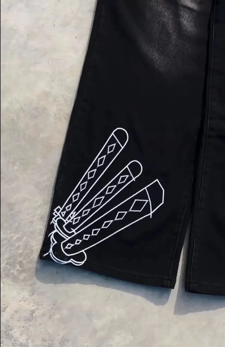 Y2K Anime Pattern Embroidered Jeans Baggy Wide Leg Stretch Jeans Streetwear Harajuku Hip Hop Dark Retro Fashion Rock Denim Pants — image 5