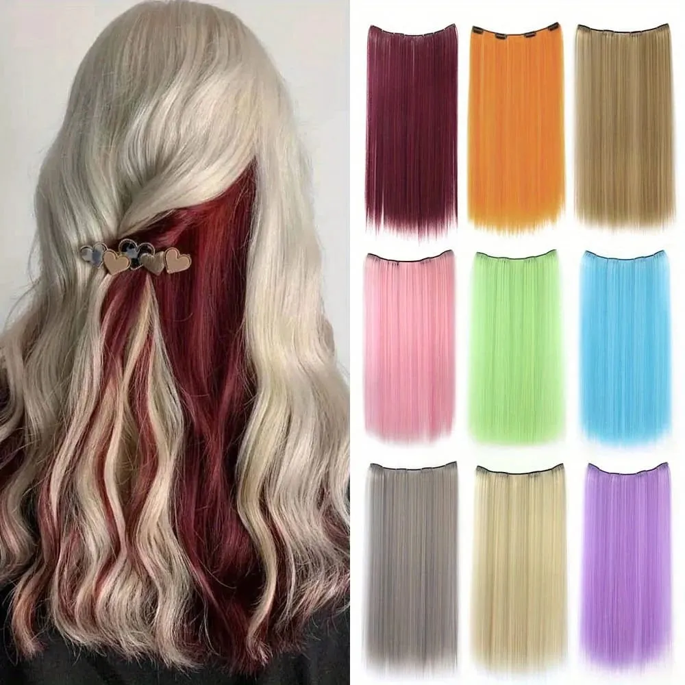 Estensioni dei capelli con clip sintetiche colorate con evidenziazione Parrucca per tintura lunga e diritta appesa all'orecchio Pezzo di colore Capelli finti sottili senza cuciture — image 2