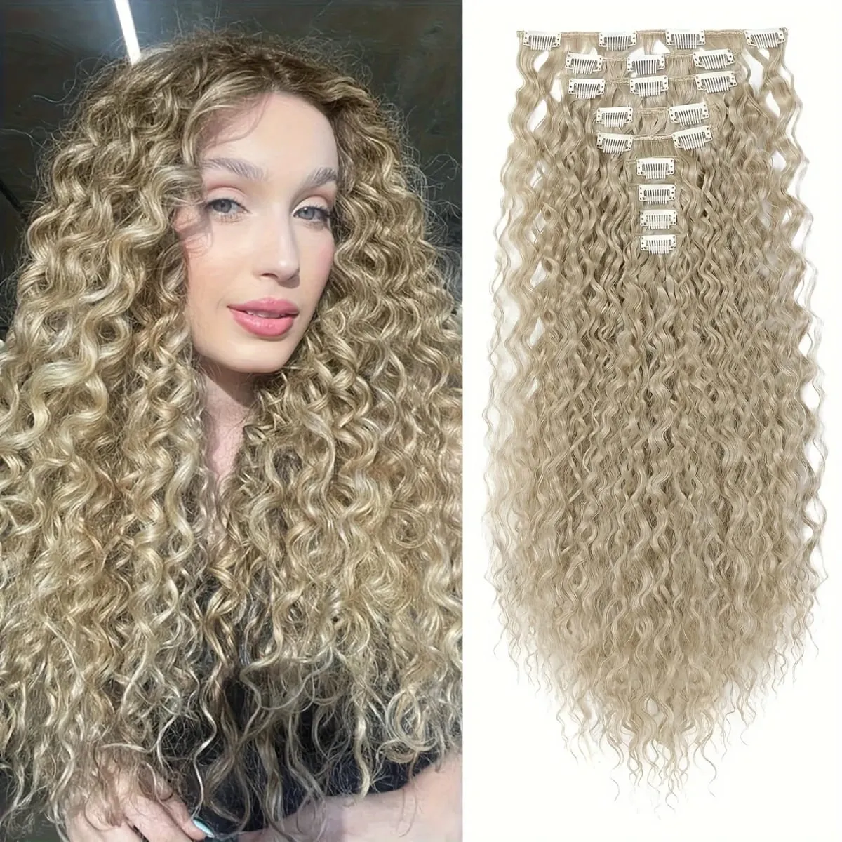 9PCS ที่ยอดเยี่ยม Handstitching คลิปในส่วนขยายของผม 22 นิ้ว CURLY Hair EXTENSION ยาวนุ่มสังเคราะห์ Hairpieces สำหรับผู้หญิง — image 12