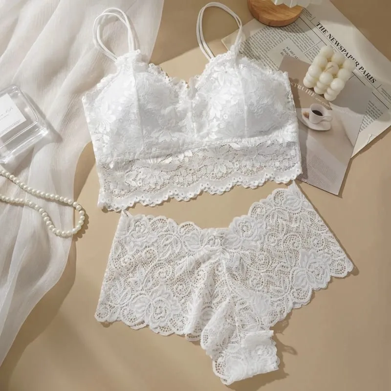 Women's Sexy Lace Bra Suit Solid Set Beautiful Back Hollow Out No Steel Ring Underwear With Lace Flower Breathable Panties — image 8