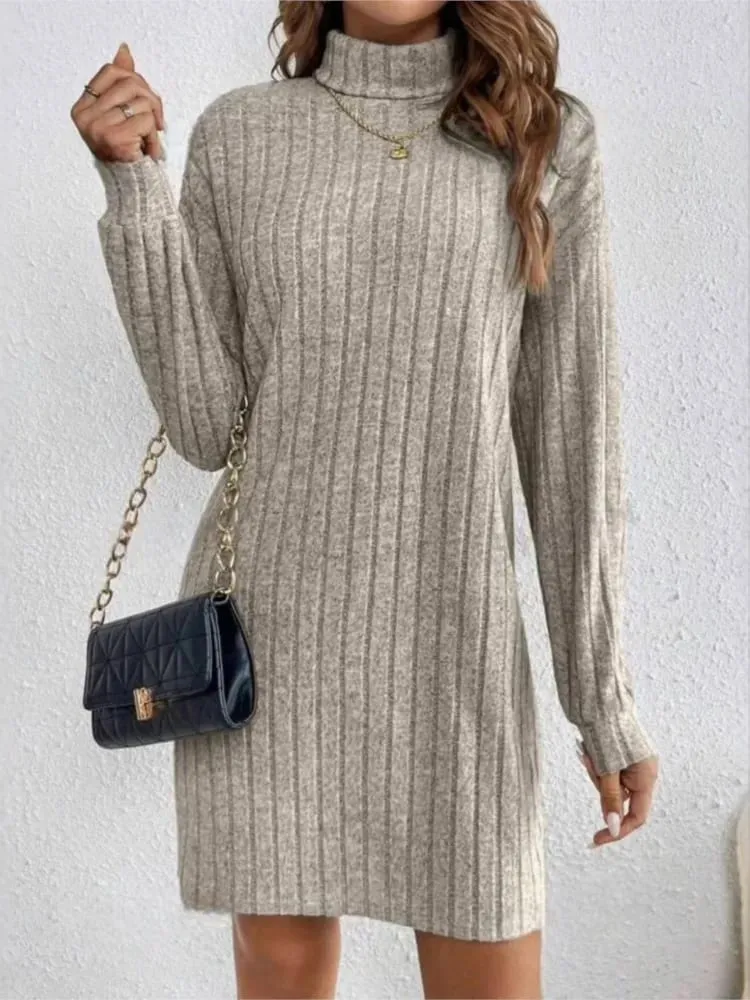 Robe décontractée à col roulé pour femme, manches longues, couleur unie, tricotée, nouvelle mode, ample, confortable, collection automne hiver 2024 — image 1