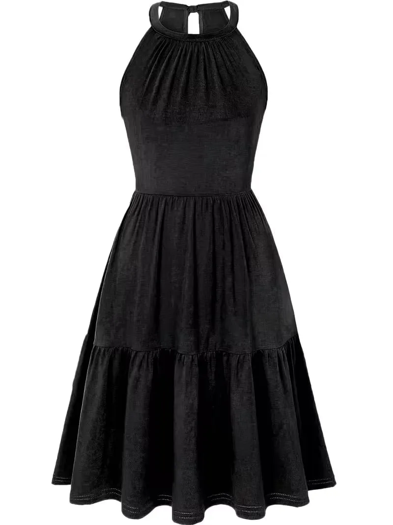 Robe d'été élégante sans manches, couleur unie, col licou, ourlet à volants, ample, longueur aux genoux, pour les vacances — image 6