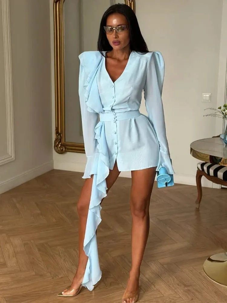 2026 Light Blue Ruffled ชุดชีฟอง V คอพัฟแขนยาวกระพือเอว-cinching มินิเดรสวันที่วันหยุดแฟชั่น Vestido — image 3