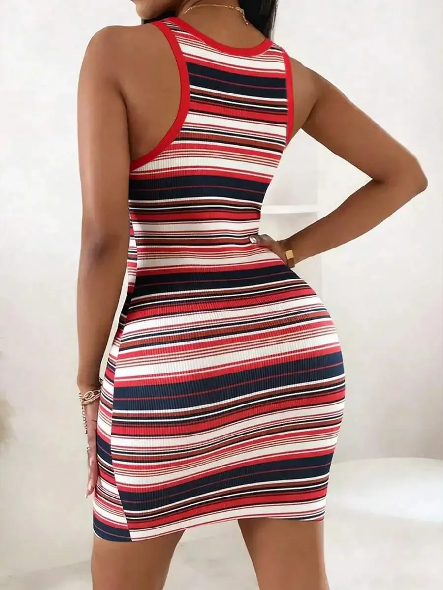 Mini abito aderente aderente con scollo tondo tinta unita casual estivo da donna — image 5