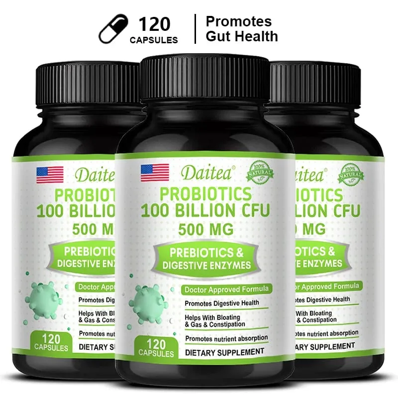 Probiotici 100 miliardi di CFU con prebiotici ed enzimi digestivi Salute dell'intestino Digestione Sollievo dal gonfiore e supporto immunitario