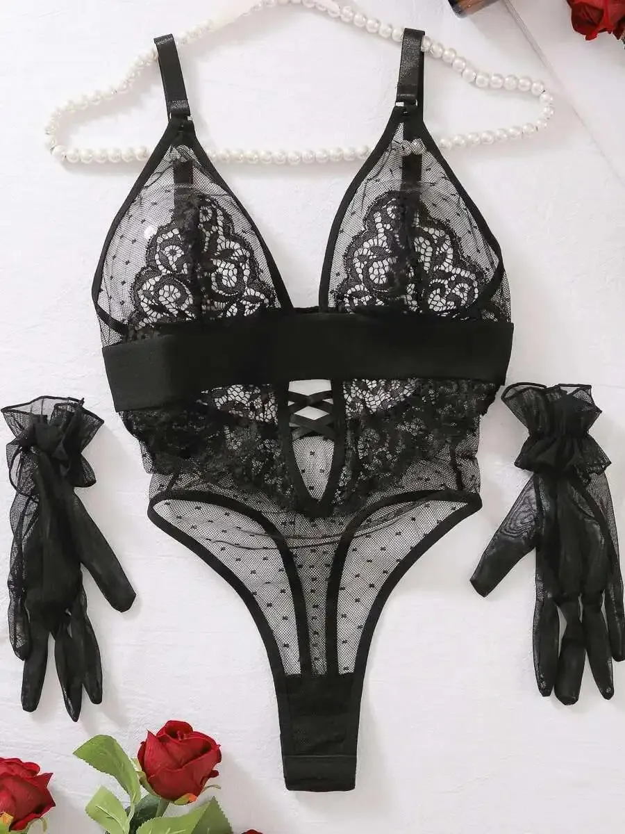 Pakaian Seksi Polka Dot Mesh Sulaman Bunga Sarung Tangan Renda Tanpa Belakang Suspender V Dalam Tanpa Lengan Pakaian Kasual Menawan LE4A — image 7