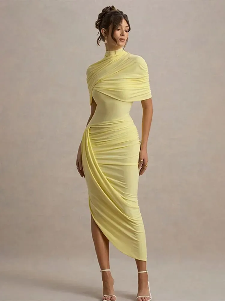 Irregular Pleated Ruched Maxi Dress Women's Backless Turtleneck Slim High Waist Robes Summer Lady Chic Street Vestidos 2025 New