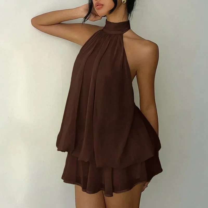 Abito allacciato in tinta unita stile francese Abito da donna senza maniche con spalle scoperte Mini abito a linea Spicy Girl Beach Vacation — image 9